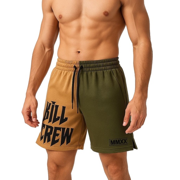 KILL CREW Men’s Muay Thai Shorts Size Small Tan/Olive Split Colorway Logo Print - Picture 1 of 8